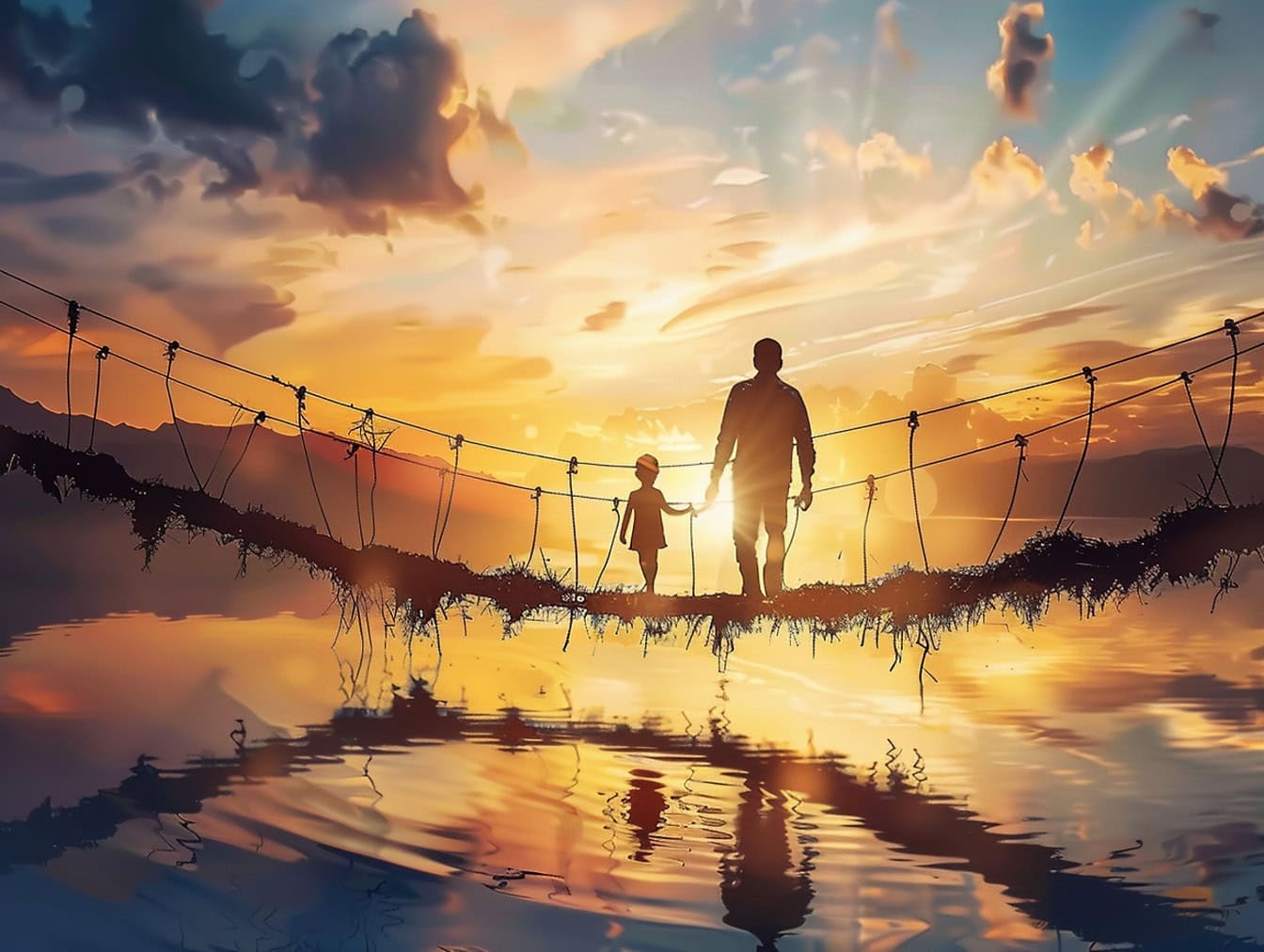 水上の歩道橋に立ち、地平線に沈む夕日を眺める父子のシルエット