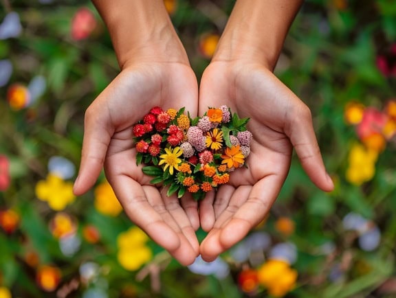 Ruce držící malé barevné květiny, které na dlaních vytvářejí tvar srdce, ilustrace rozkvetlé lásky
