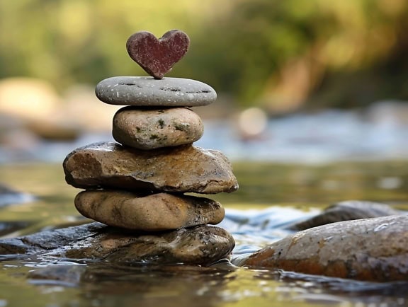 Stacked stones on top of each other on the bank of a river with a heart-shaped stone at the top, an illustration of balance and harmony in love