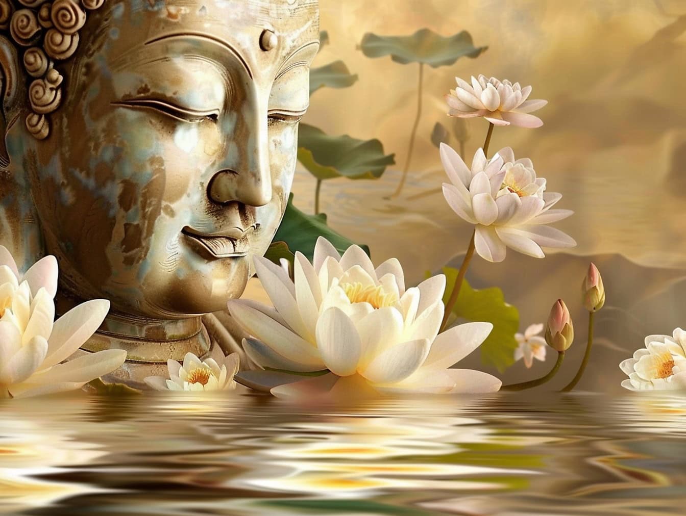 Posąg głowy Buddy z zamkniętymi oczami otoczony białymi kwiatami lotosu