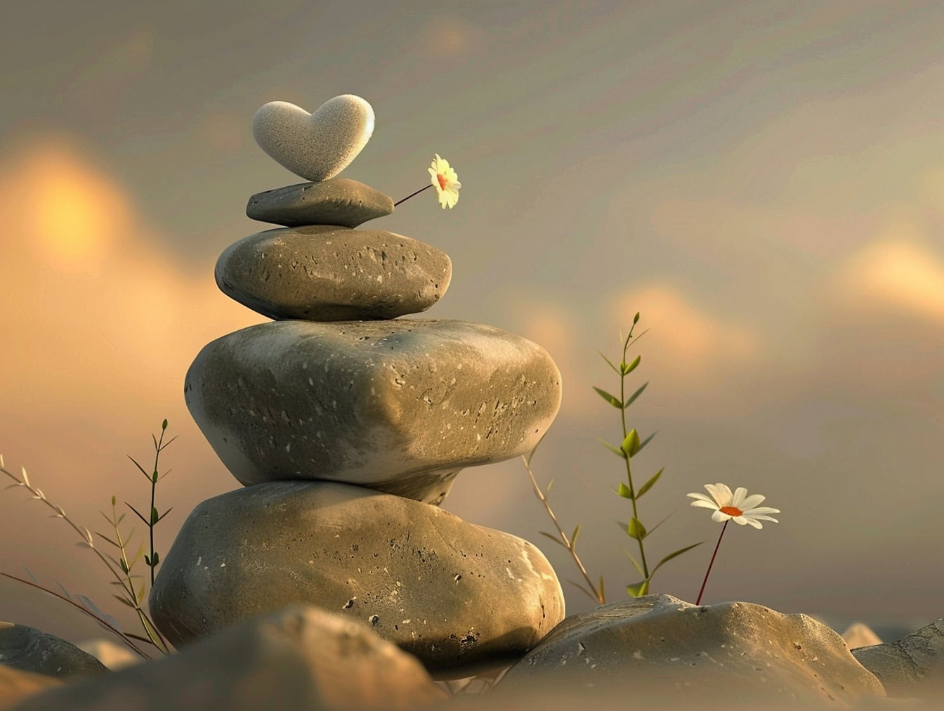 pilha de pedras com um coração no topo, uma ilustração de equilíbrio e harmonia no amor