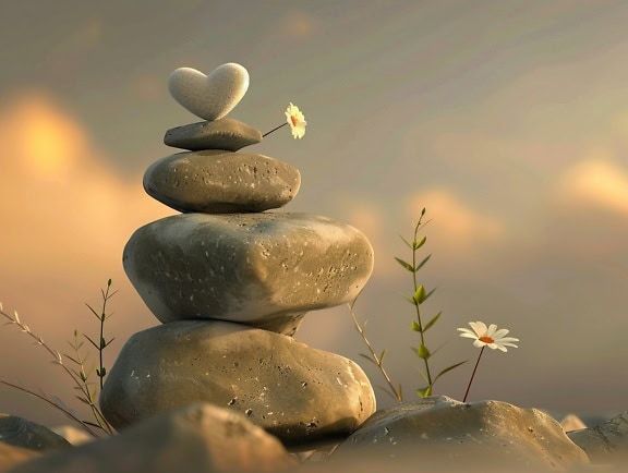Stapel von Steinen mit einem Herz auf der Spitze, eine Illustration von Gleichgewicht und Harmonie in der Liebe