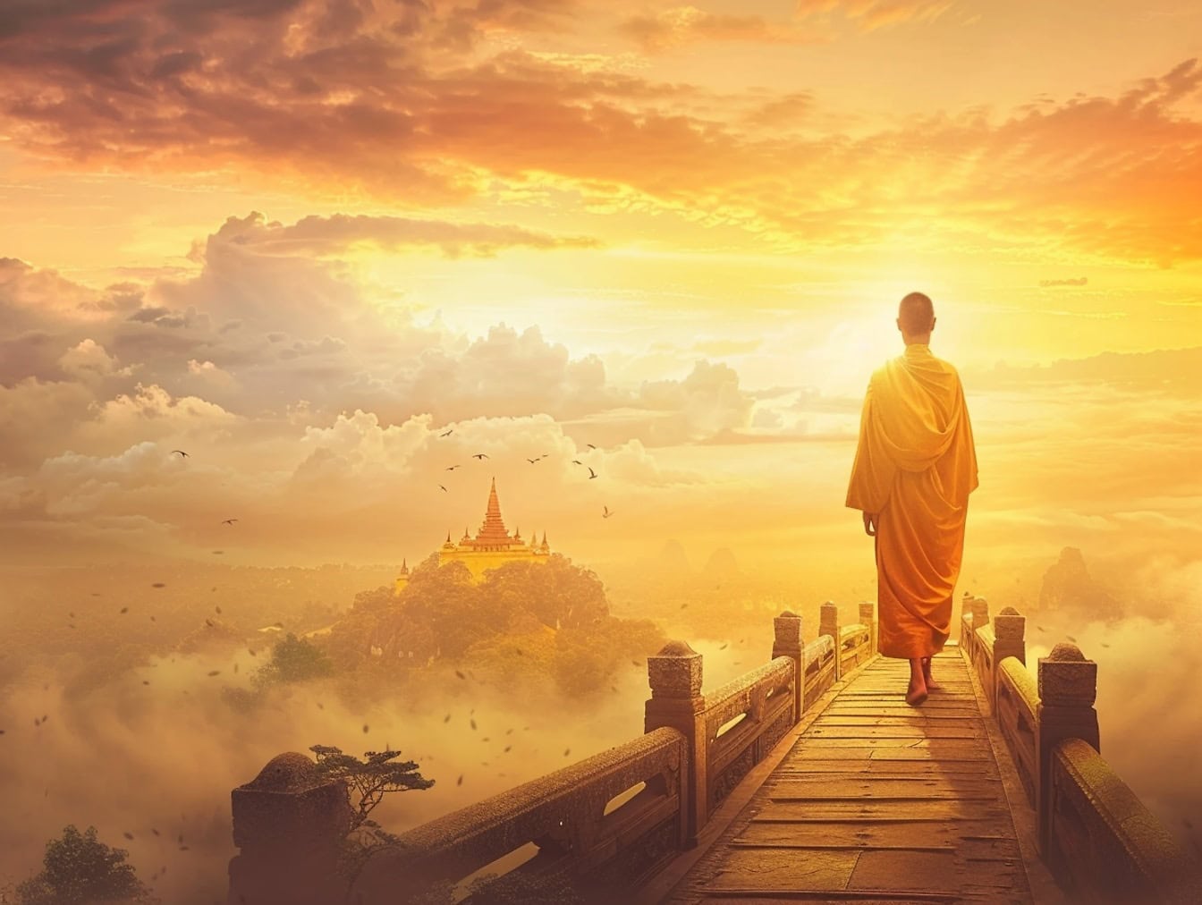 Buddhistický šaolinský mnich kráčející po lávce pro pěší v oblacích při západu slunce, ilustrace klidu a míru na cestě do nebe