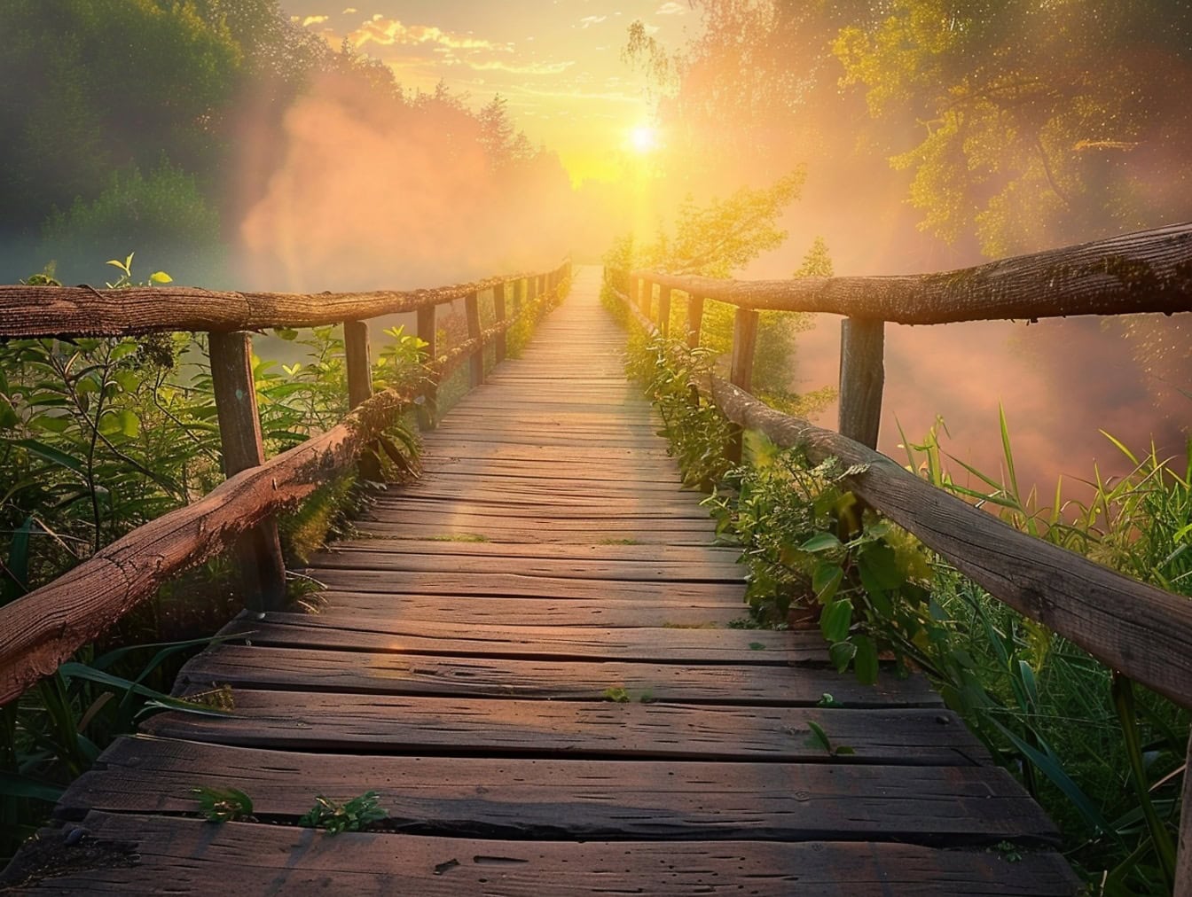 Jembatan kayu di hutan belantara dengan pepohonan berkabut di latar belakang saat matahari terbenam
