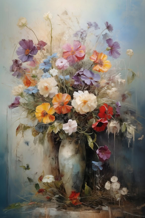 Bức tranh sơn dầu của những bông hoa dại đầy màu sắc trong một chiếc bình