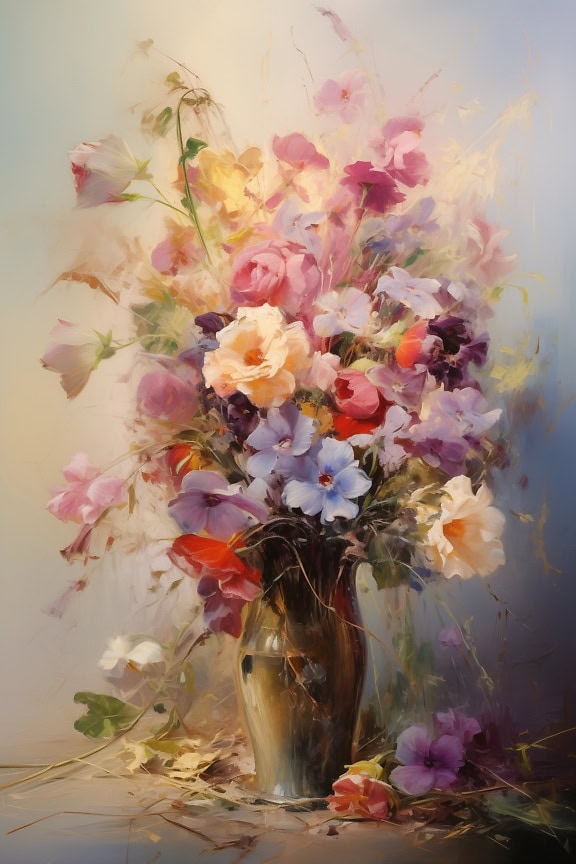 Oliemaleri i pastelfarver af blomsterbuket i en vase med faldne blomster på gulvet og med en sløret baggrund