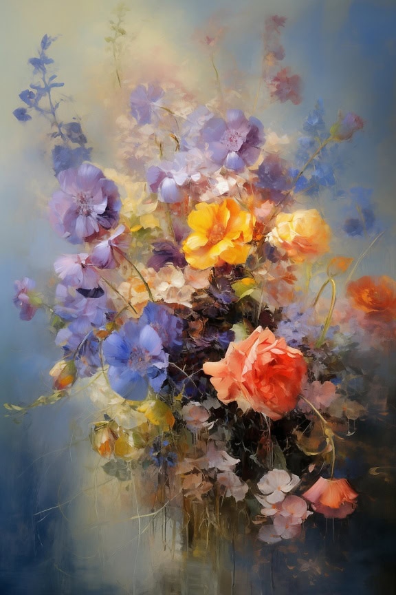Obraz olejny fioletowo-niebieskich i pomarańczowo-żółtawych kwiatów polnych z rozmytym tłem
