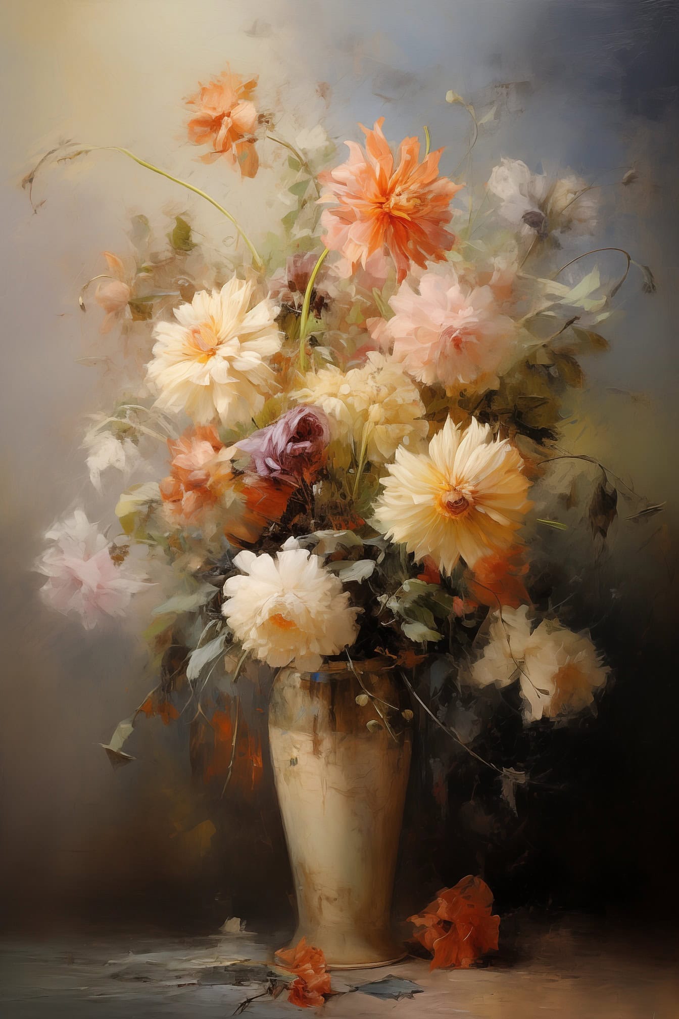油画，柔和的白色和橙黄色的野花在地板上的花瓶中，背景模糊