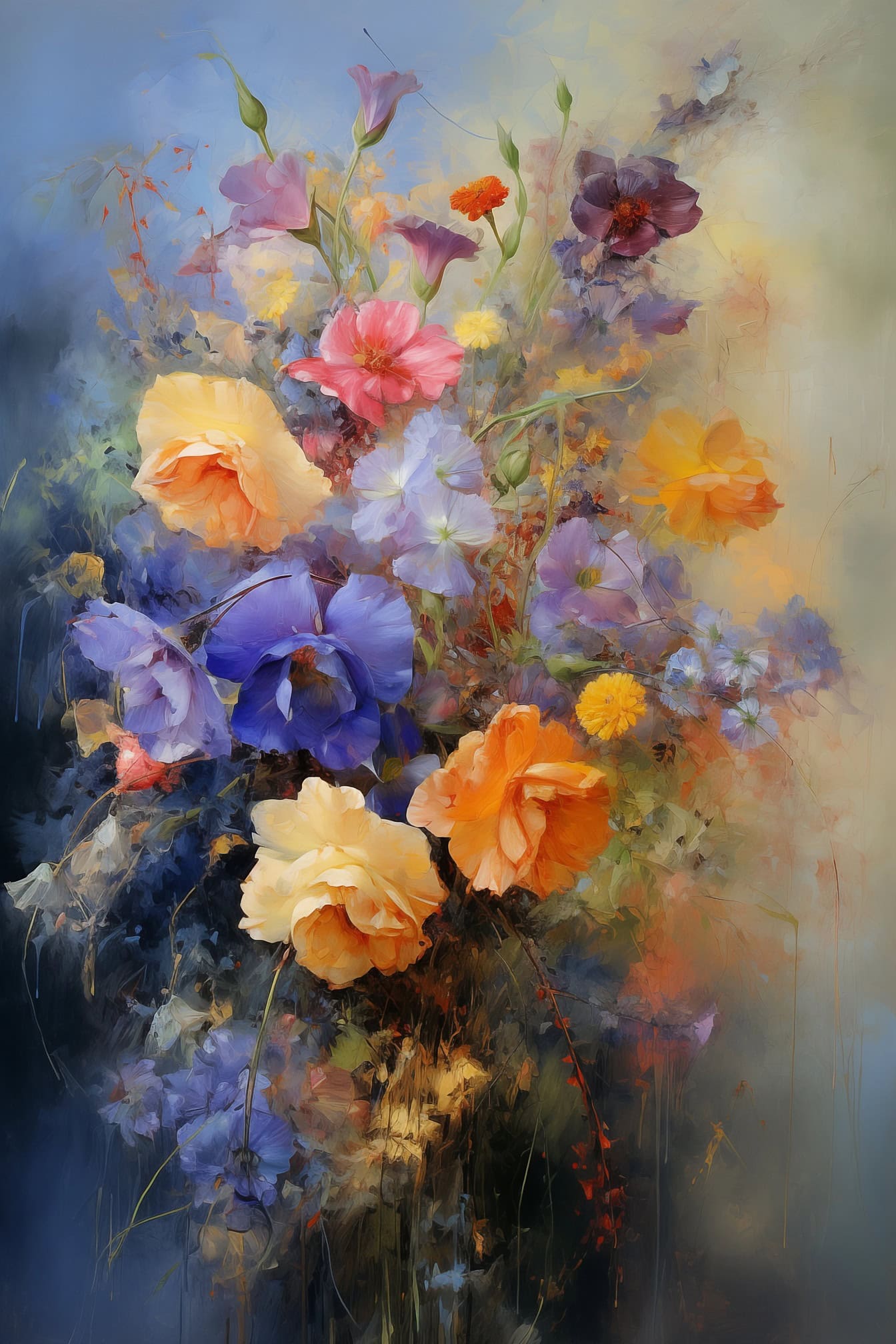 滴り落ちる塗料で色とりどりの野の花の創造的な静物画の油絵