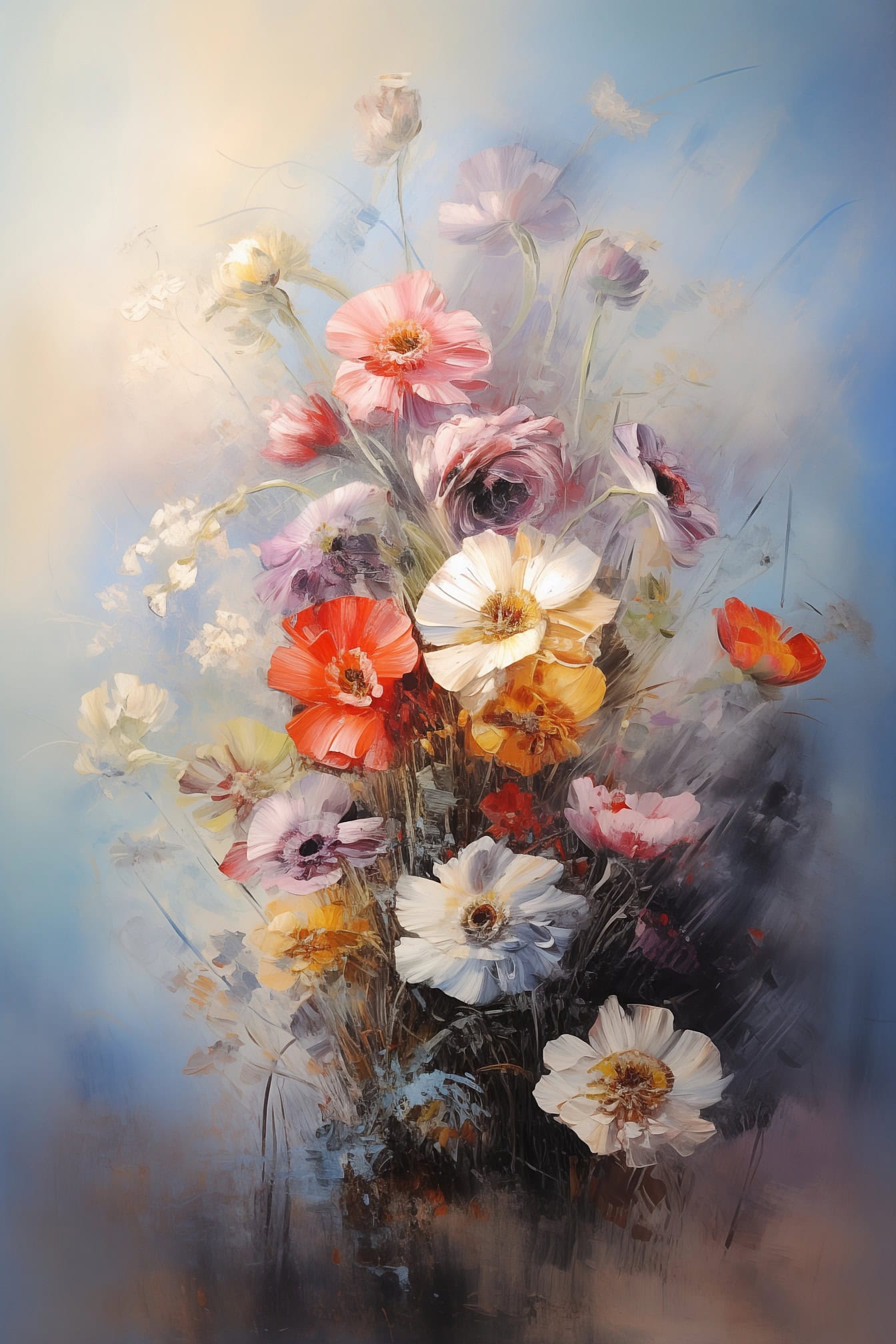 Pintura a óleo de um buquê de flores em um vaso