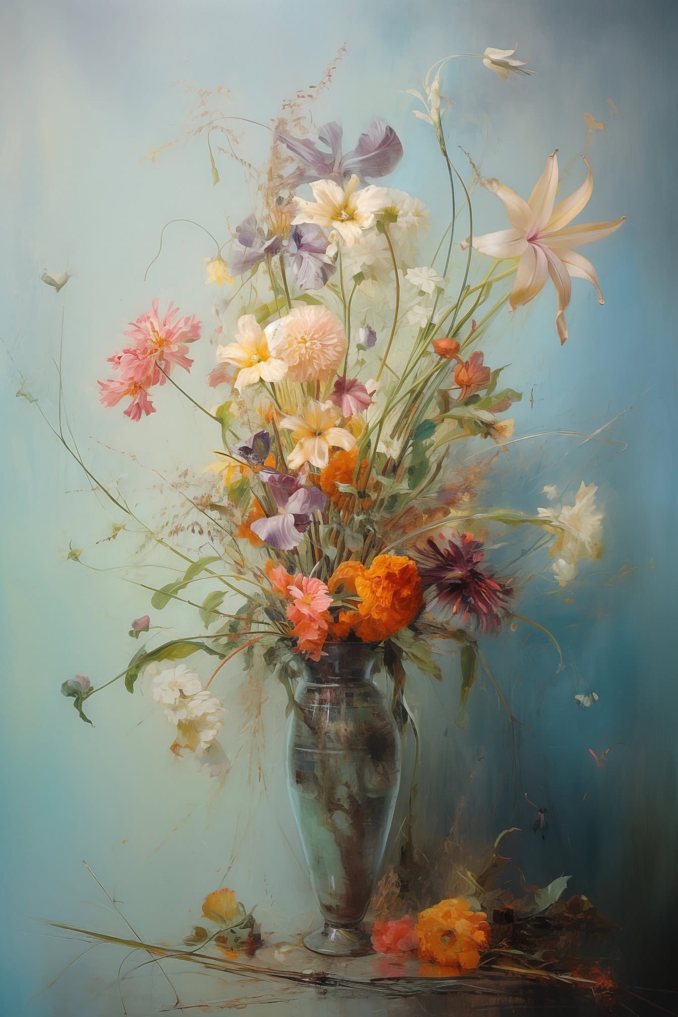 Lukisan cat minyak vas dengan bunga-bunga warna-warni di dalamnya dengan latar belakang biru muda