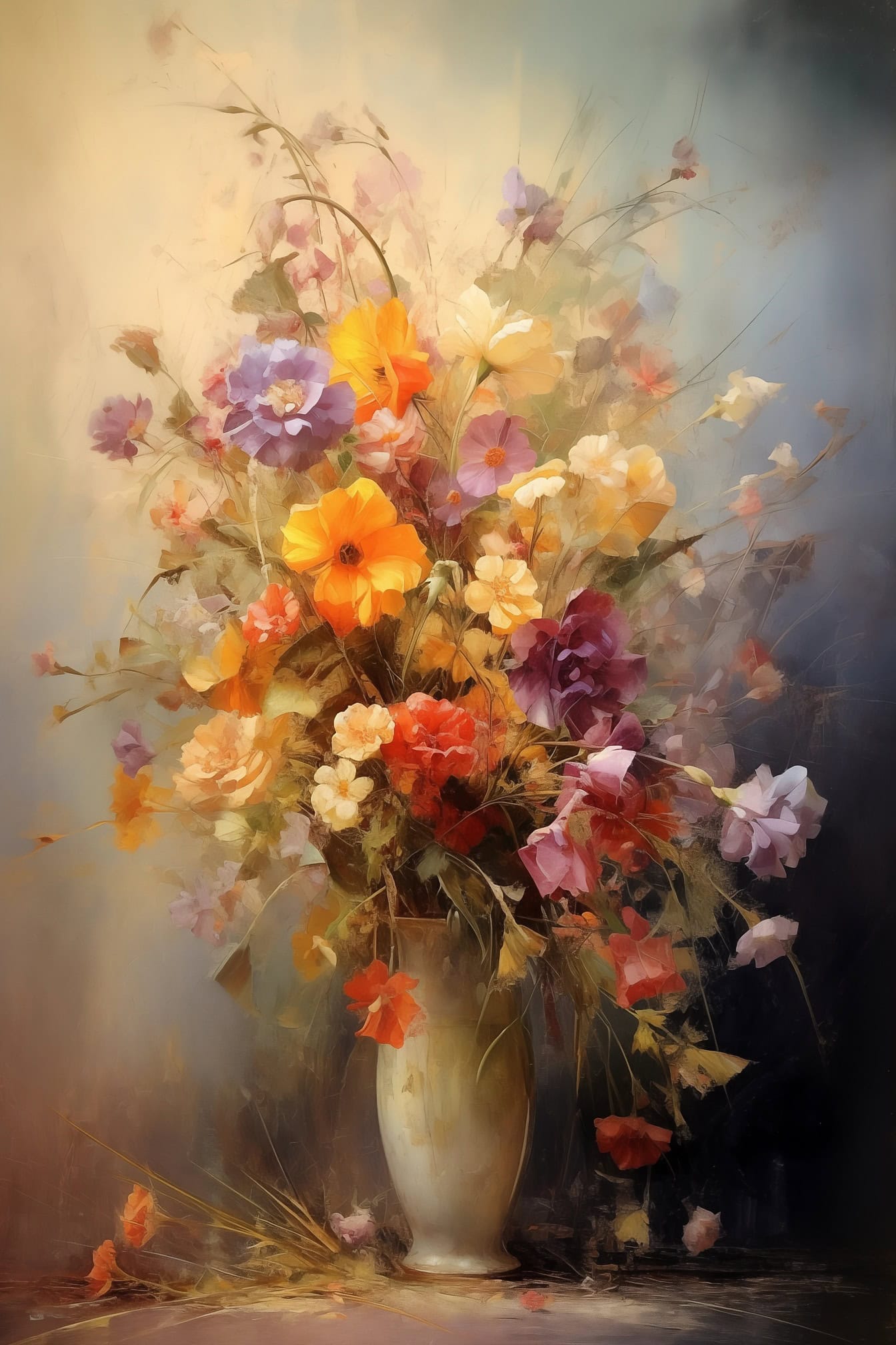 Still life oil painting of colorful flowers in a vase