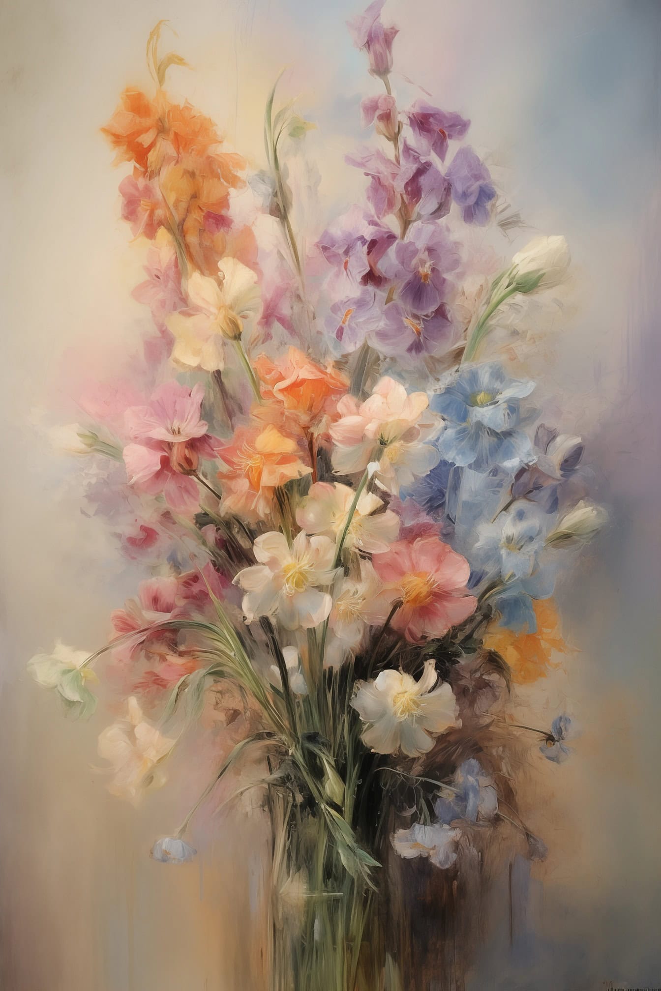 A beautiful still life oil painting in pastel colors of flowers with blurred background