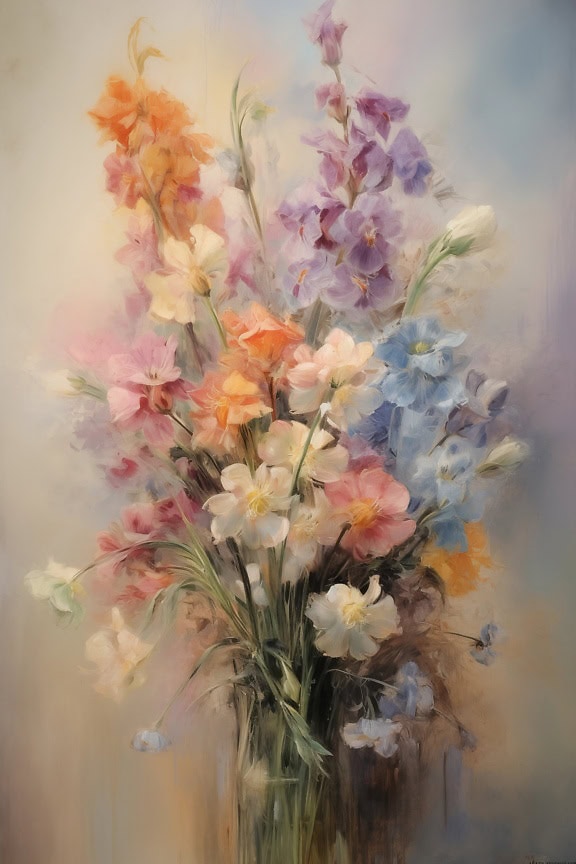 Een mooi stilleven olieverfschilderij in pastelkleuren van bloemen met wazige achtergrond