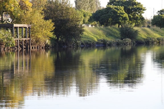 A calm body of water in a channel with trees and grass on the bank of the river