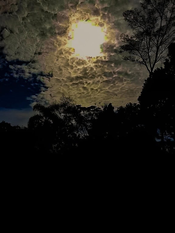 Μεταμεσονύκτιο τοπίο υπό το φως του φεγγαριού με τη Σελήνη στον ουρανό ανάμεσα στα σύννεφα