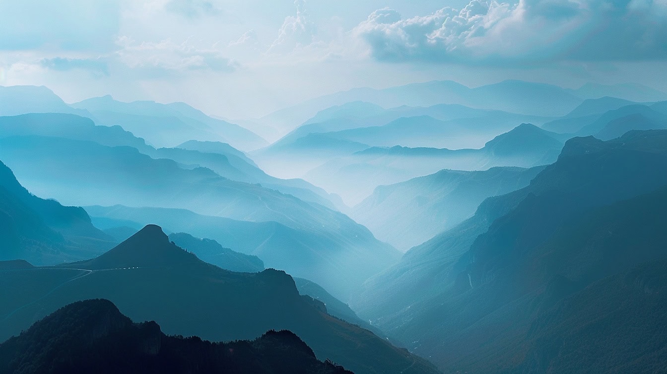 Dichte mist met zware bewolking boven vallei omringd door bergketen