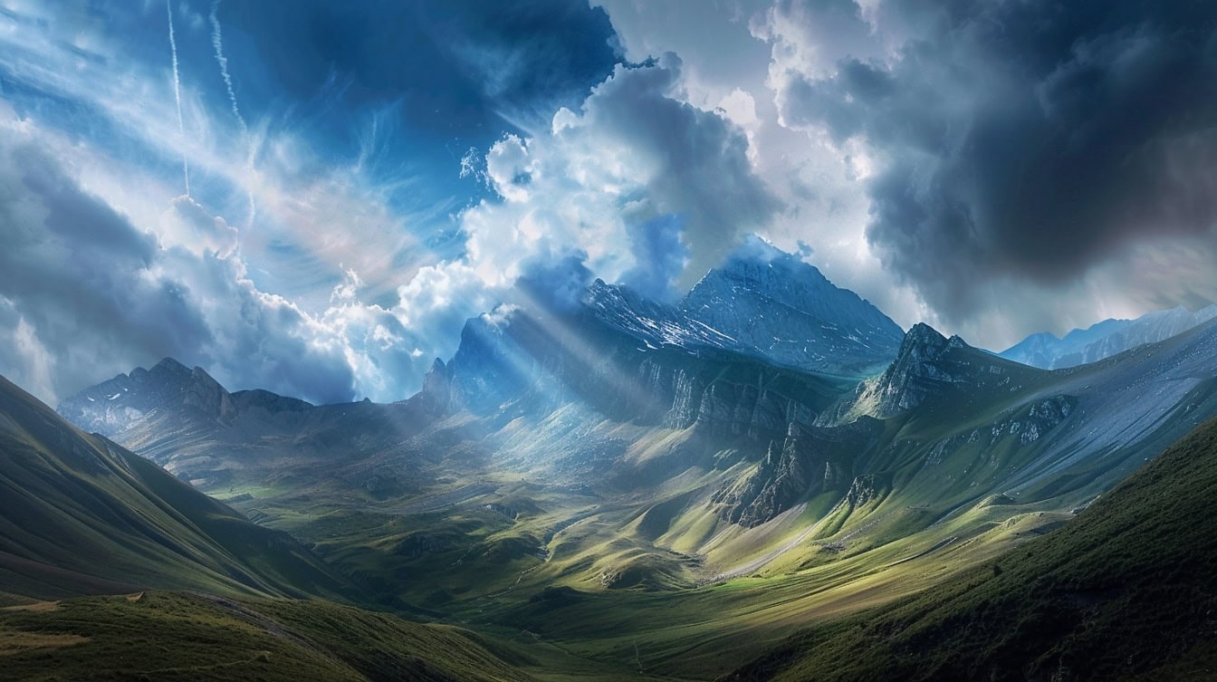 Un magnífico paisaje de un valle verde con montañas y rayos de sol a través de nubes pesadas en el cielo azul