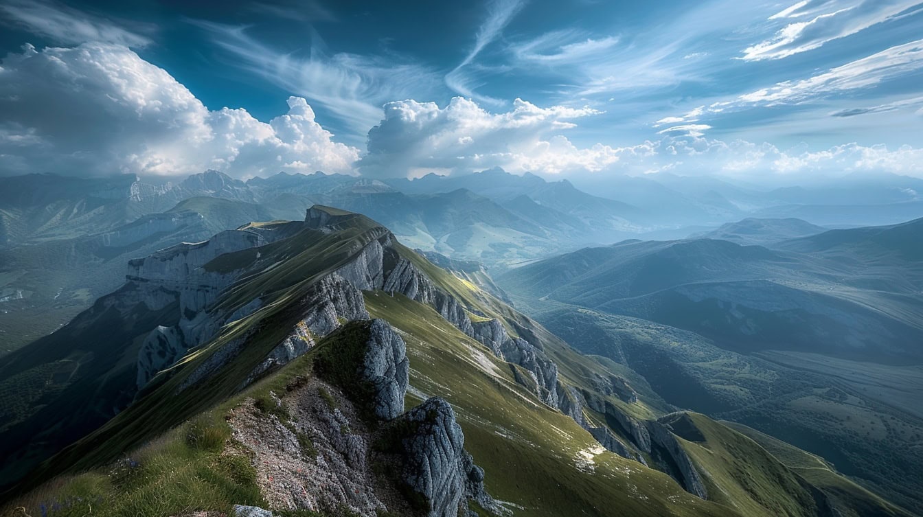 Panoramă a vârfurilor montane pe un lanț muntos cu nori denși deasupra văii