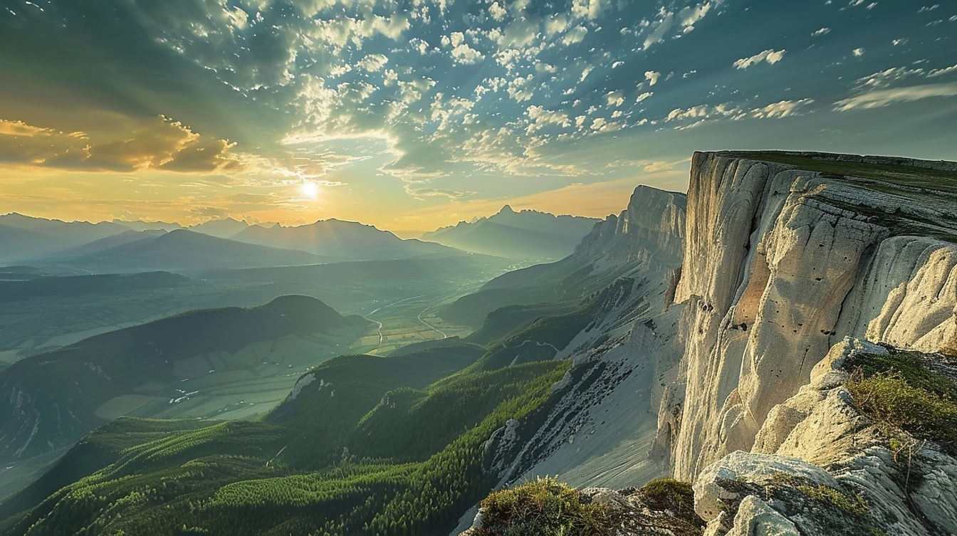 Một vách đá cao bao quanh thung lũng xanh dưới ánh sáng mặt trời rực rỡ vào lúc hoàng hôn