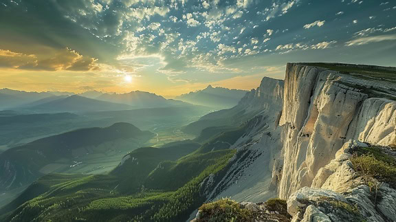 Visoke litice koje okružuju zelenu dolinu na jakom suncu pri zalasku sunca