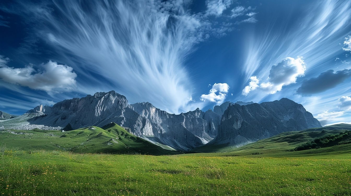Γαλάζιος θυελλώδης ουρανός πάνω από καταπράσινους λόφους με βουνά στο βάθος