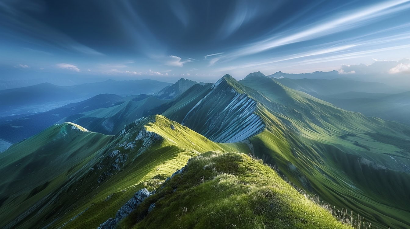 Panorama de sommets verdoyants et de chaînes de montagnes avec un ciel bleu venteux