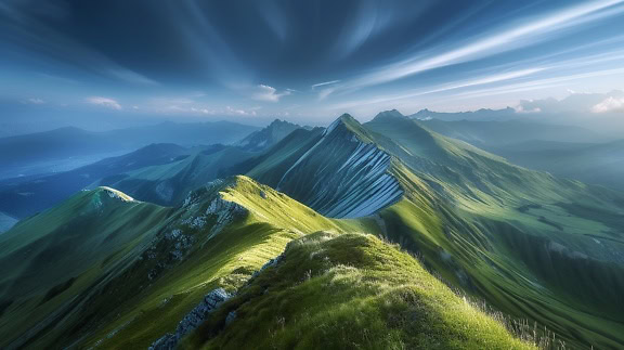 Panorama auf grüne Berggipfel und Gebirgskette mit blauem, windigem Himmel