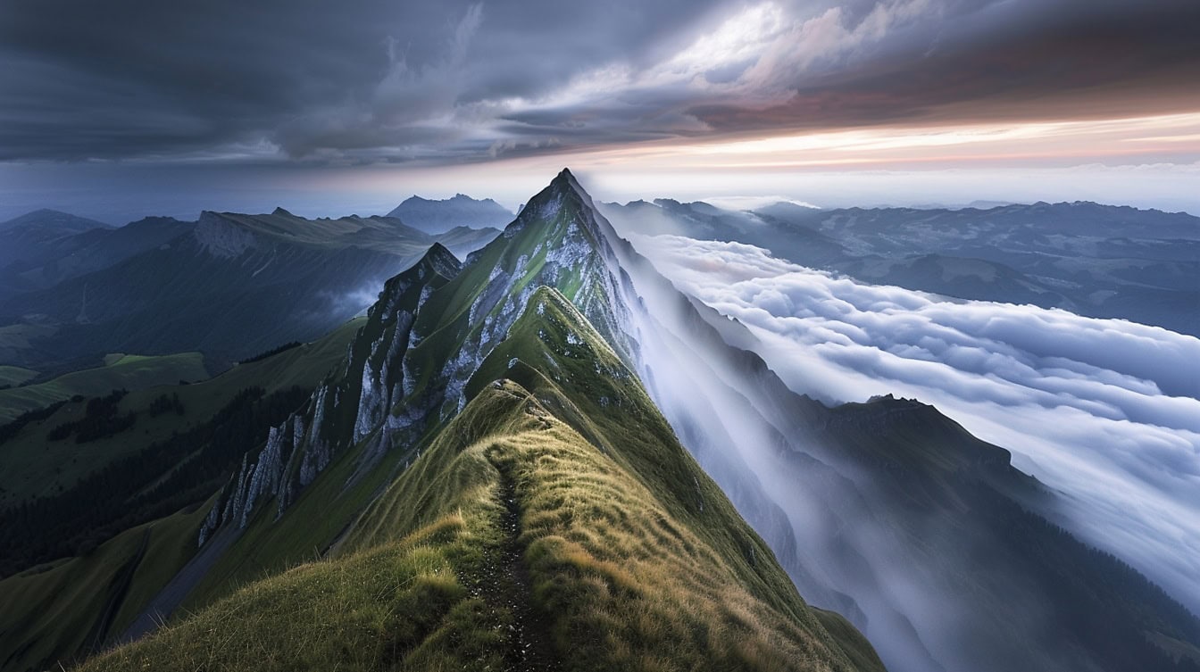 Un vârf montan alpin maiestuos, cu un vârf ascuțit deasupra norilor groși și a ceții la amurg
