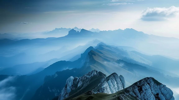 Una magnifica catena montuosa alpina con una fitta nebbia sulle cime delle montagne