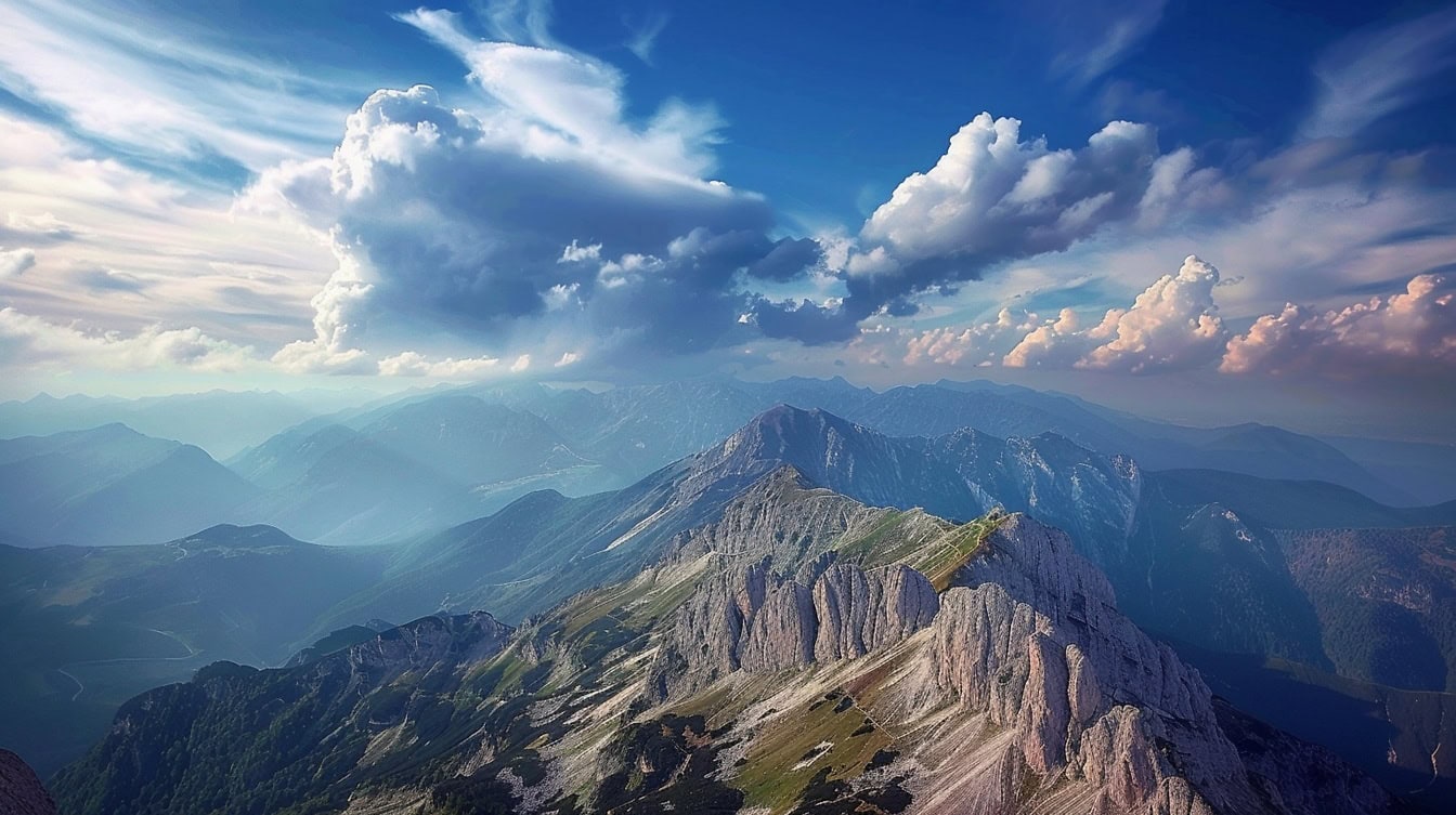 An aerial view through a cloudy blue sky of a mountain range with sharp mountain peaks