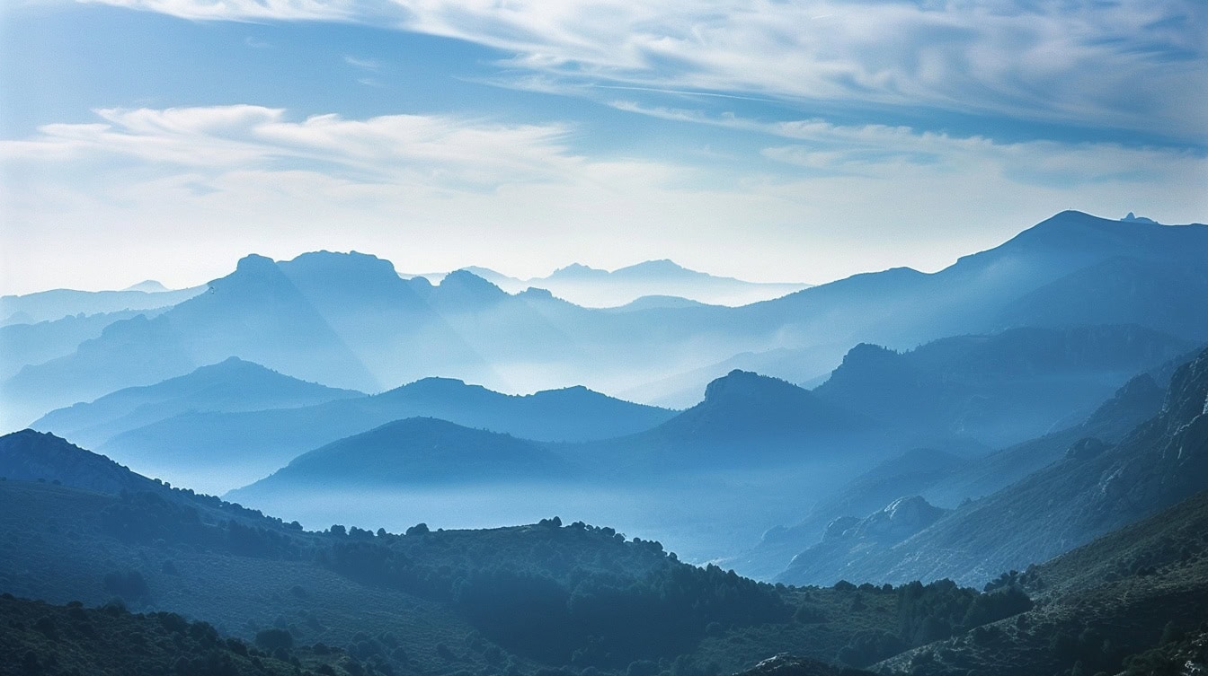 霧の中の山々と渓谷に曇った青空が広がる雄大な風景