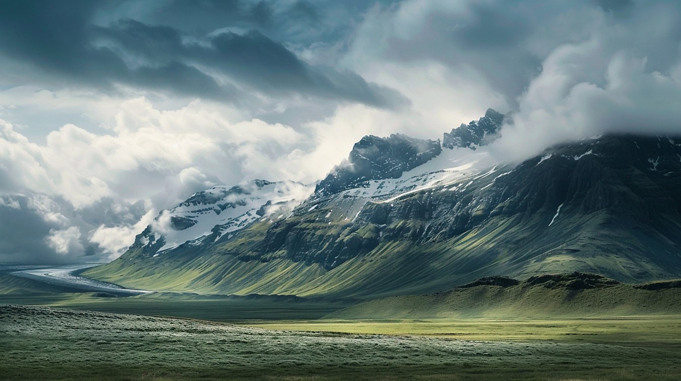 Des champs verdoyants avec une rivière de montagne coulant dans une vallée avec des nuages épais au-dessus des montagnes enneigées