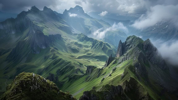 자연 공원에 구름이 있는 웅장한 녹색 고산 산맥