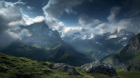 Гірський хребет з хмарами над долиною