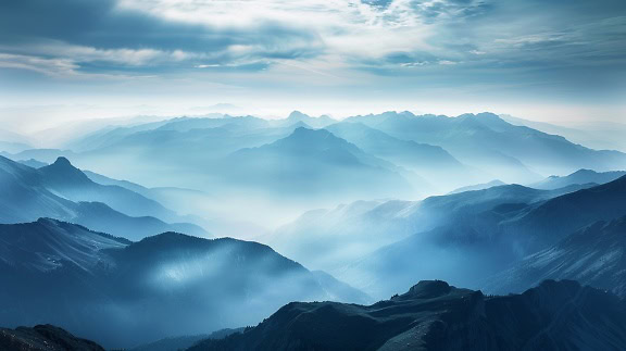 Cer albastru înnorat, cu ceață și cu raze de soare prin nori deasupra lanțului muntos
