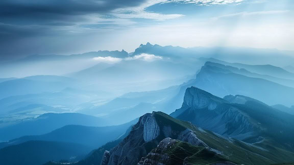 Ảnh chụp từ trên không bầu trời xanh với sương mù bán trong suốt phía trên dãy núi
