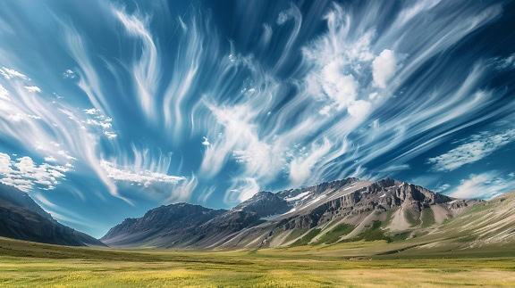 Ett magnifikt landskap av en dal i bergskedjan med blåsiga moln på den blå himlen