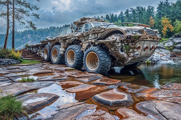 Fotómontázs egy posztapokaliptikus sci-fi kétéltű járműről, egy autó-hajó a jövőből