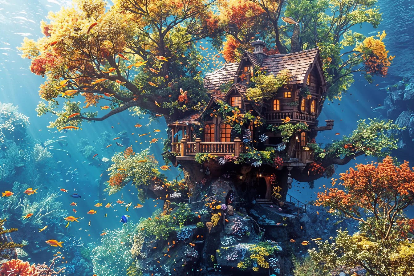 Rumah pohon dongeng di terumbu karang yang dikelilingi oleh tanaman bawah laut dan ikan laut, montase foto fantastis dari dunia imajinasi bawah laut