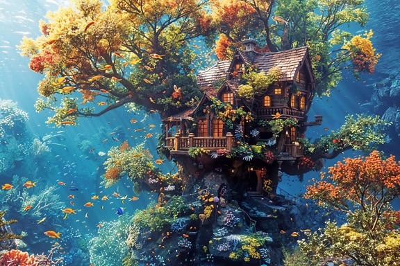 Казковий будиночок на дереві на кораловому рифі в оточенні підводних рослин і морських риб, фантастичний фотомонтаж підводного світу уяви