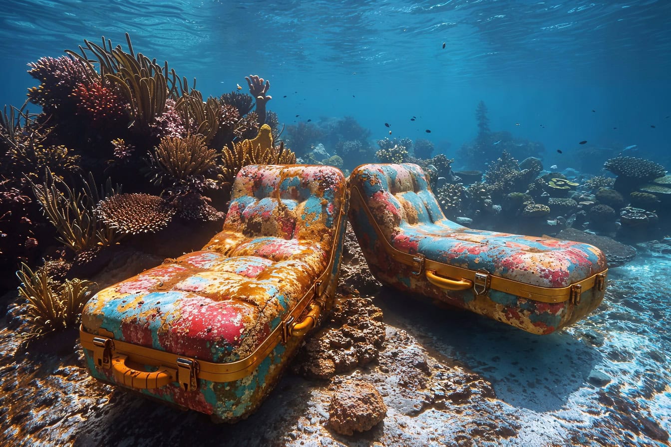 Fotomontaggio di una sedia a sdraio a forma di valigia sott’acqua su una barriera corallina