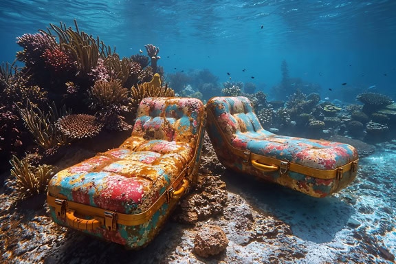 Valokuvamontaasi matkalaukun muotoisesta rantatuolista veden alla koralliriutalla