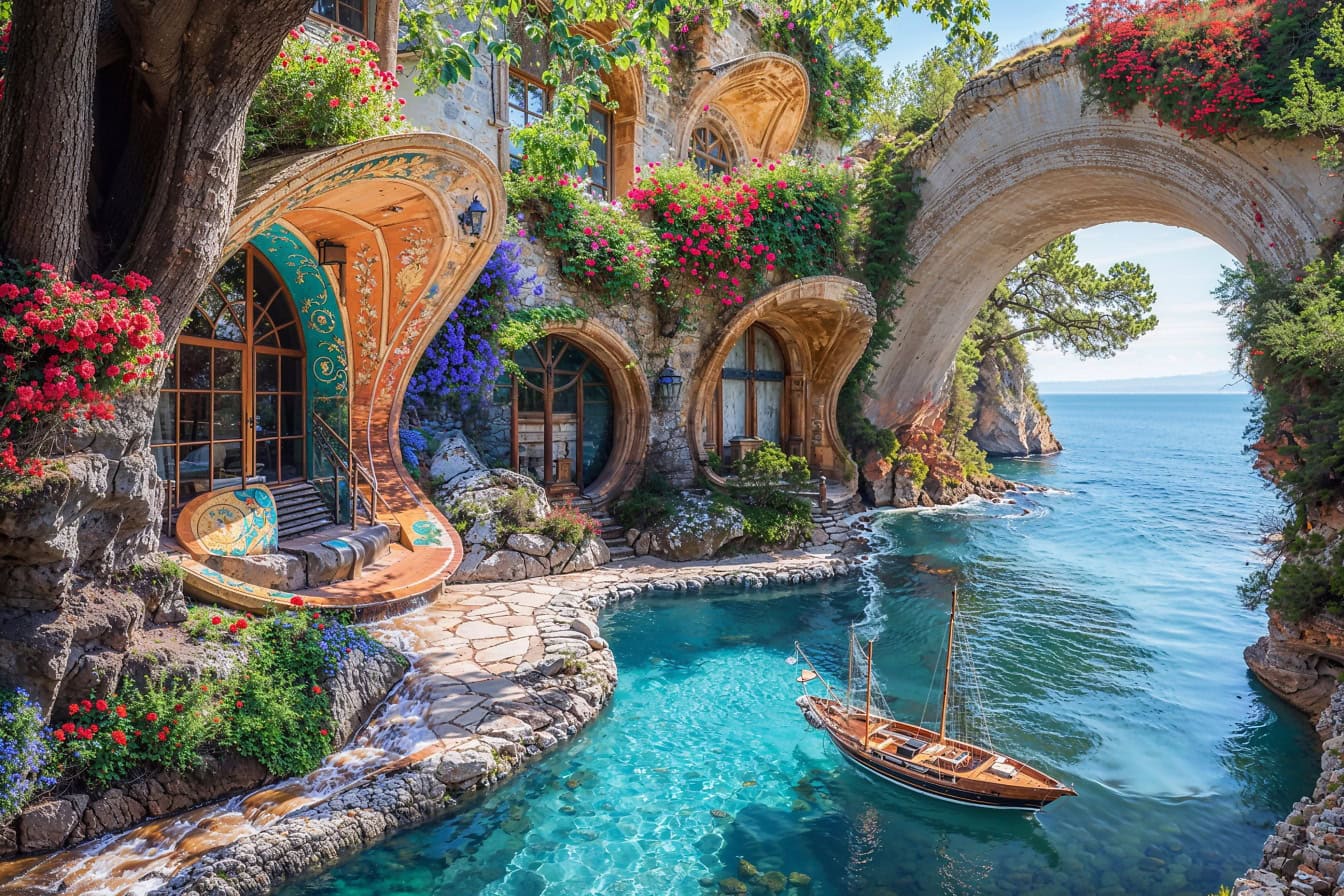 Fotomontaje de villa de lujo a la orilla del mar con un jardín de flores