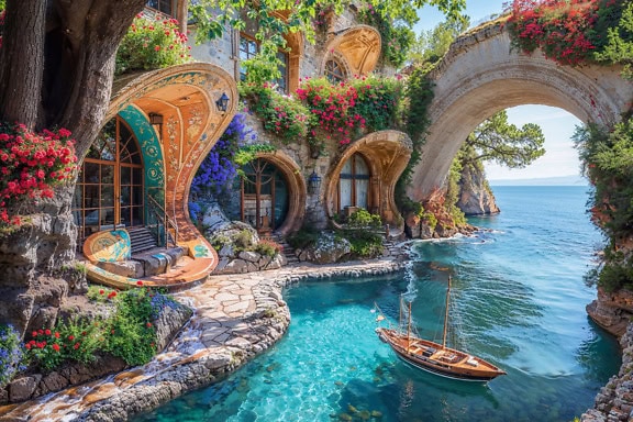 Fotomontaggio di una villa di lusso in riva al mare con giardino fiorito