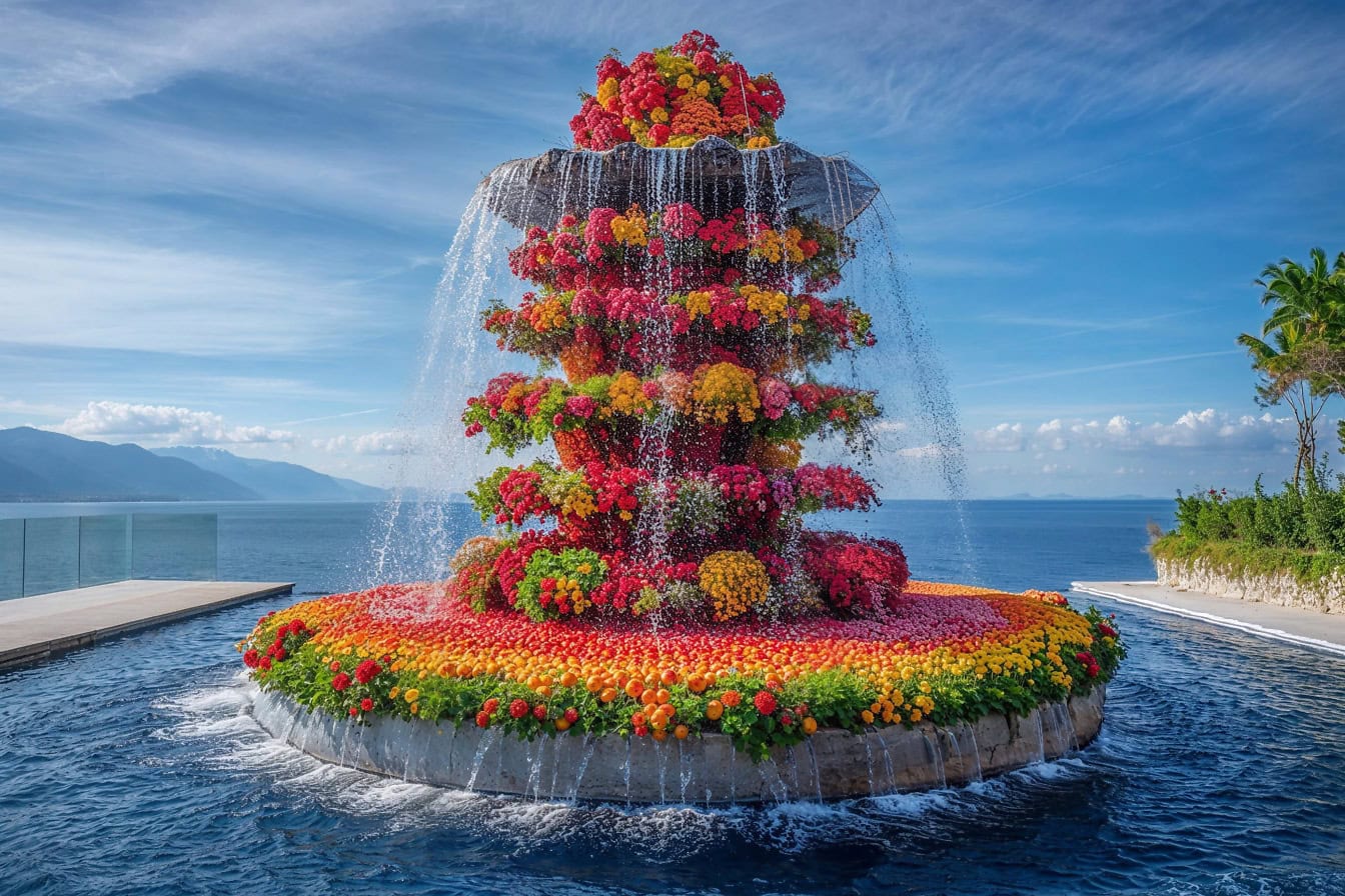 Majestätisk fontän på en strandfront dekorerad med orange gula blommor