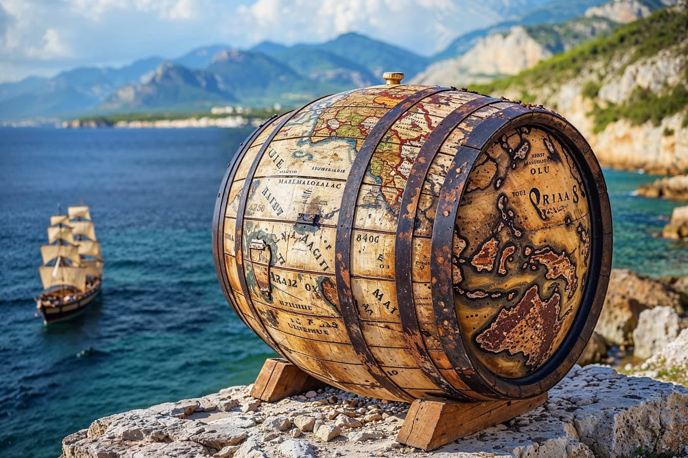 中世の海事地図が描かれた古い木製のバーボン樽