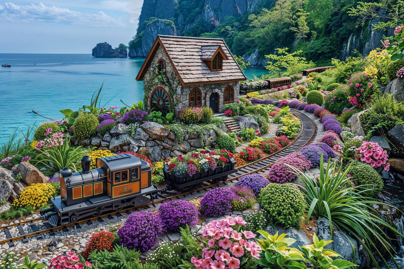 Una maqueta de un tren en una línea férrea rodeado de flores en un jardín de playa a la orilla del mar