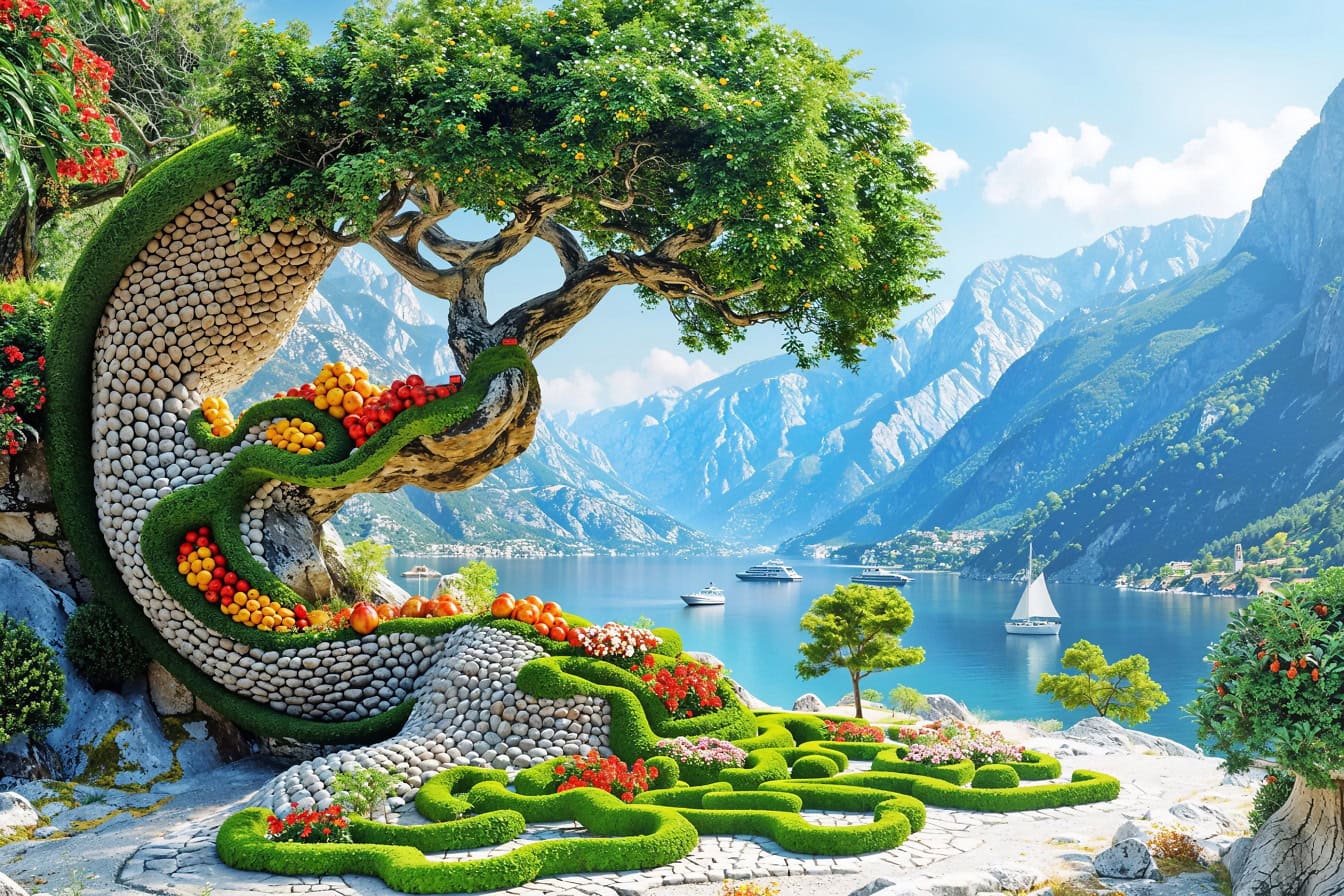 Montase foto pohon bonsai dengan buah-buahan di teras tepi danau di resor pegunungan