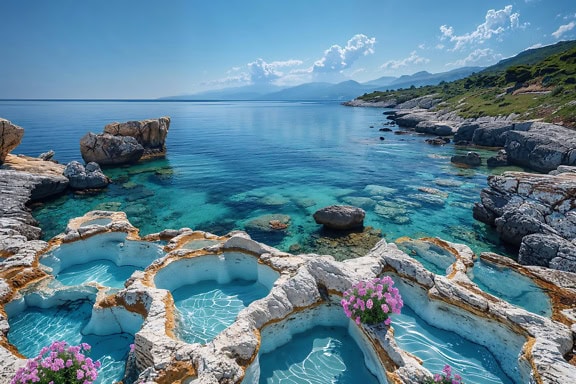 Vakker kystlinje med naturlige bassenger i en hvit klippe og et fantastisk panorama over Adriaterhavet